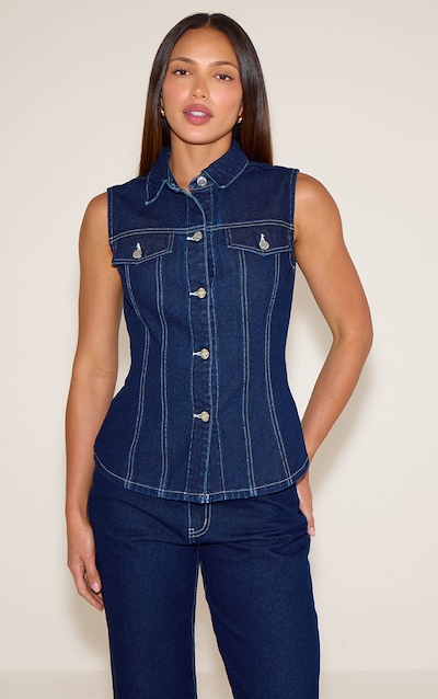 Tall Indigo Cinched Sleeveless Denim Shirt