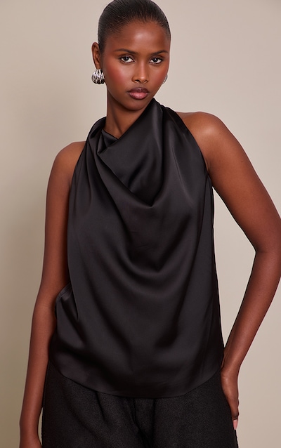 Black Satin Fringe Detail Top