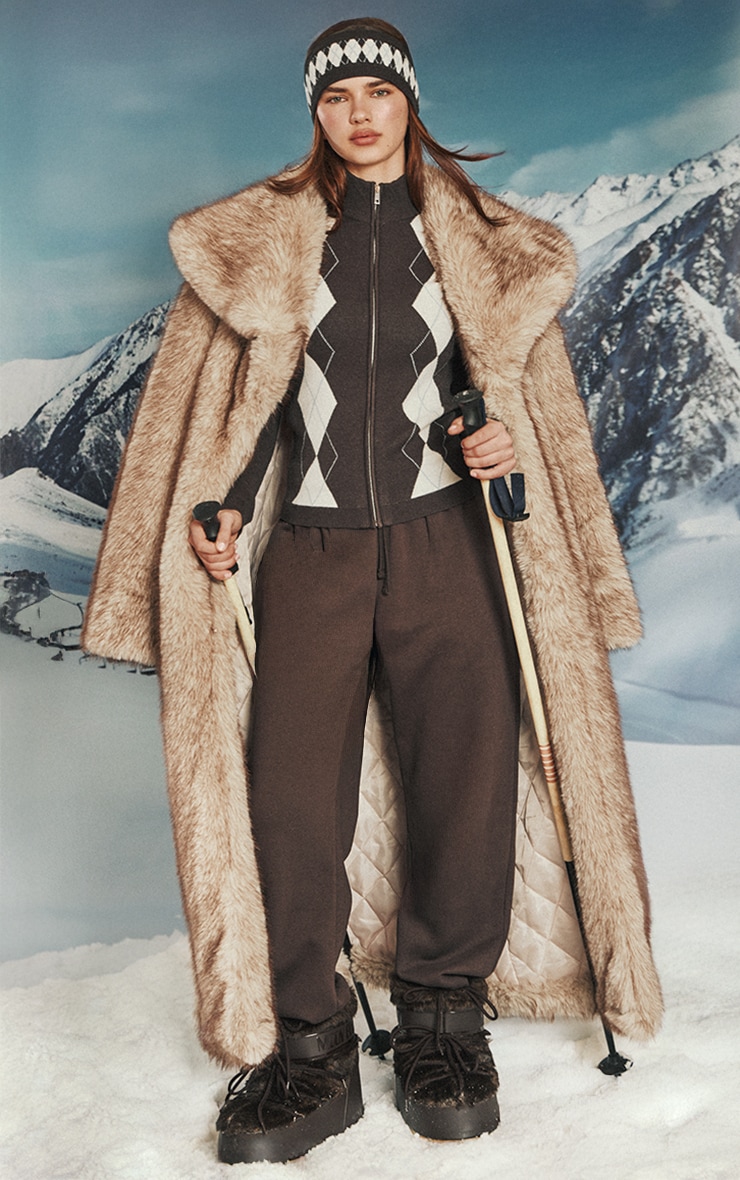 Chocolate Argyle High Neck Zip Up Cardigan image 3