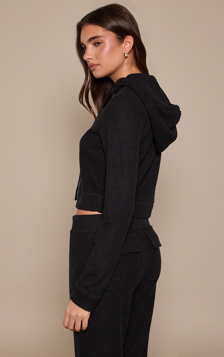 Black Brushed Waffle Rib Zip Up Top image 2
