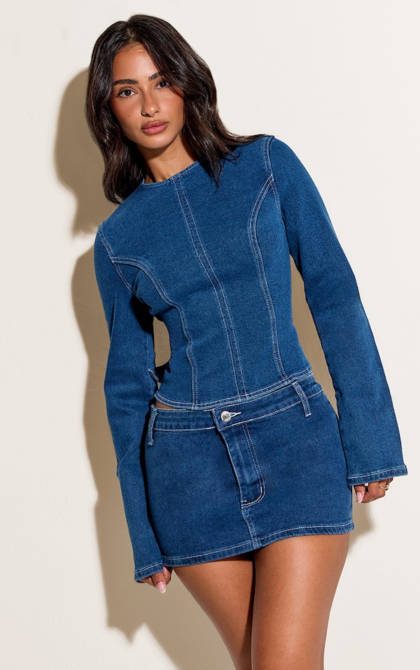 Petite Mini-jupe e jean bleu moyen délavé à coutures contrastantes