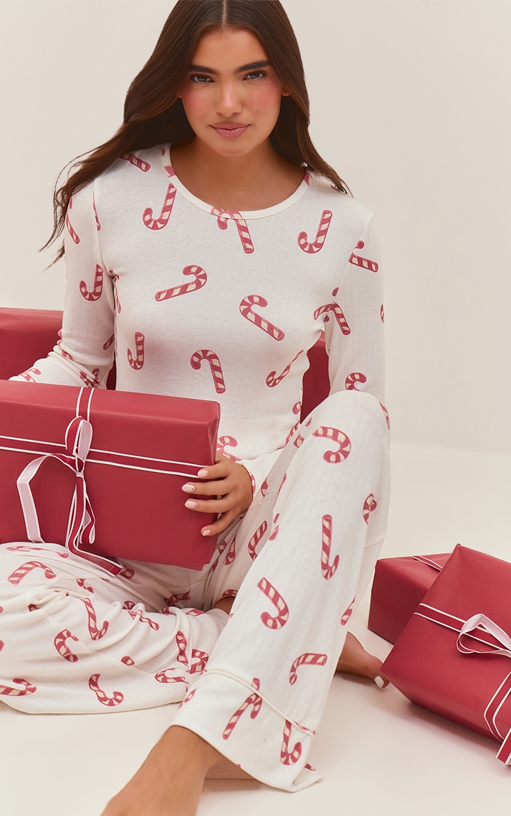 Candy Cane Print Pointelle Long Sleeve Top and Pant PJ Set image 1