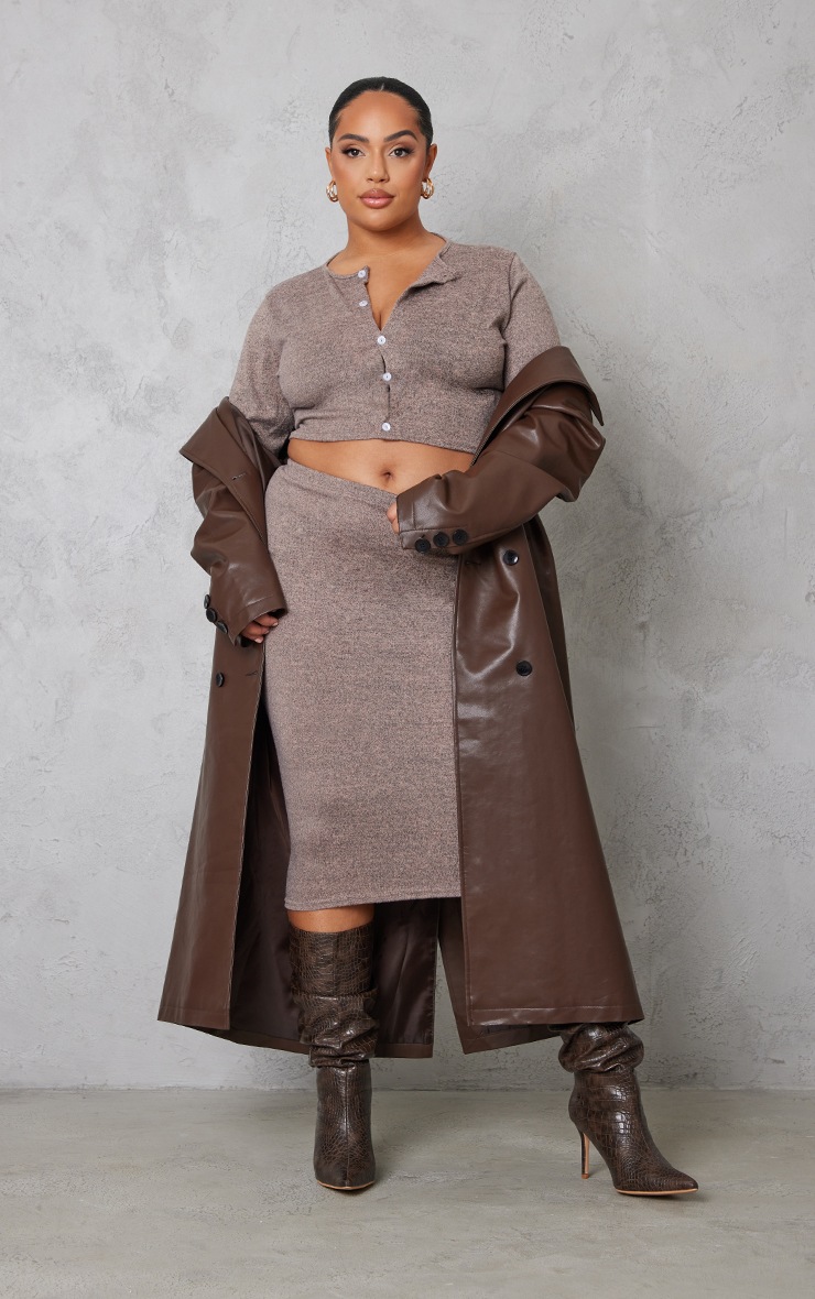 Plus Mocha Brushed Cotton Midi Skirt