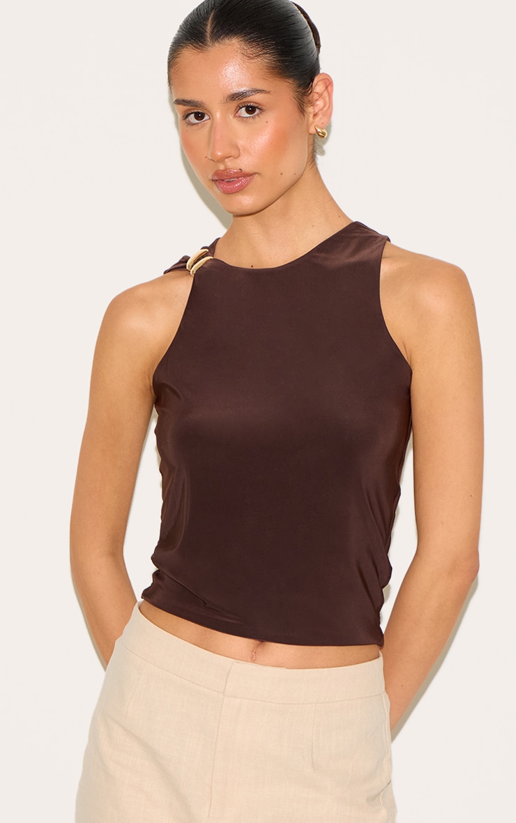 Tall Deep Chocolate Double Layer Slinky Trim Detail Long Vest Top image 1