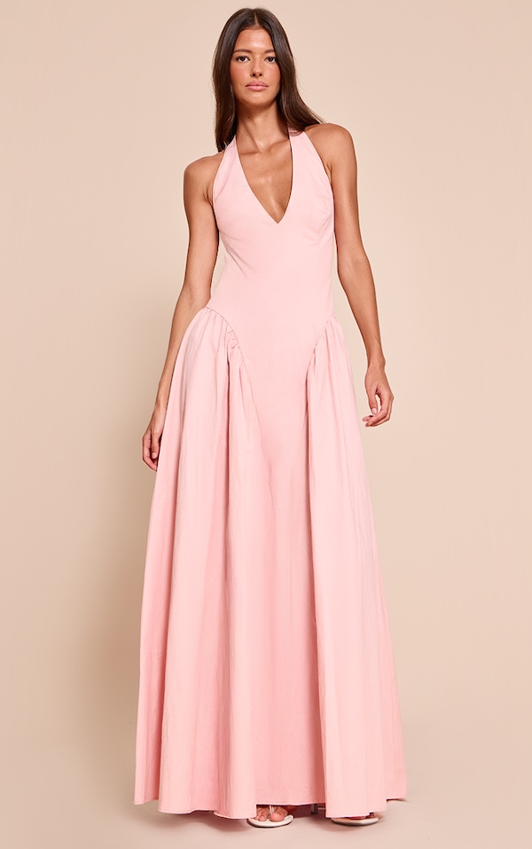 Light Pink Woven Halterneck Plunge Midaxi Dress
