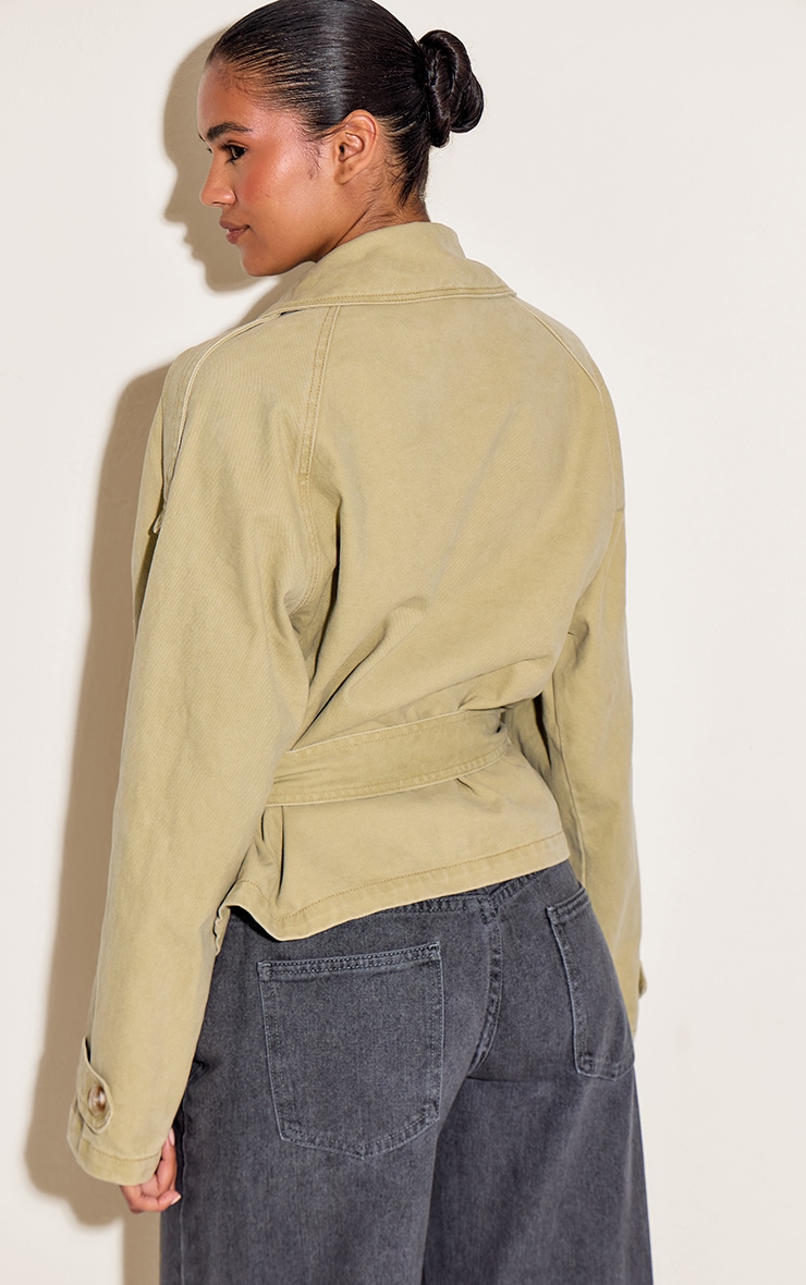 Washed Khaki Belted Cropped Button Detail Denim Trench image 4