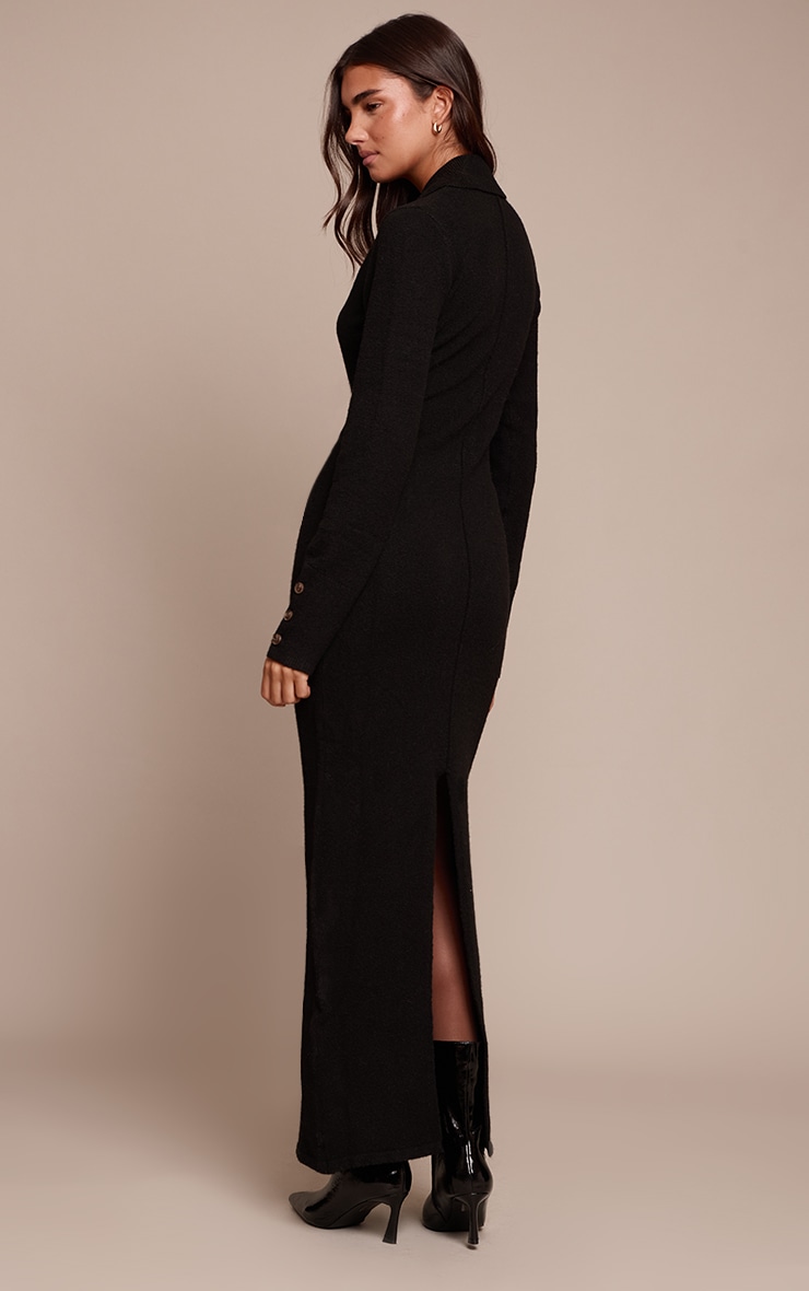 Black Soft Bobble Knit Button Up Collar Detail Maxi Dress image 2