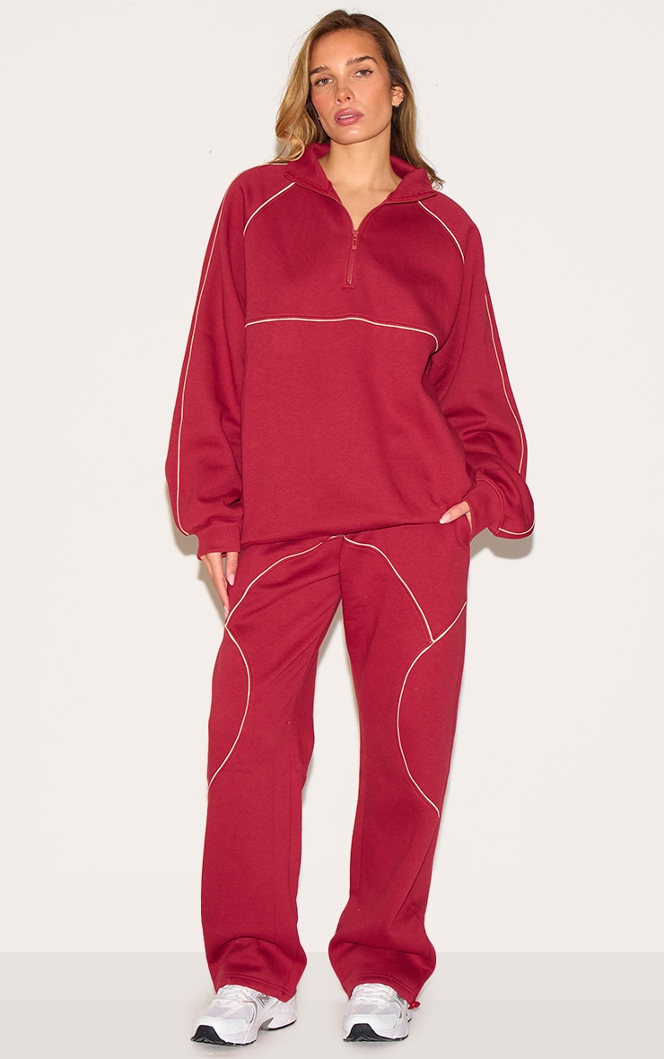 Red Oversized Contrast Piping Quarter Zip Sweatshirt image 3