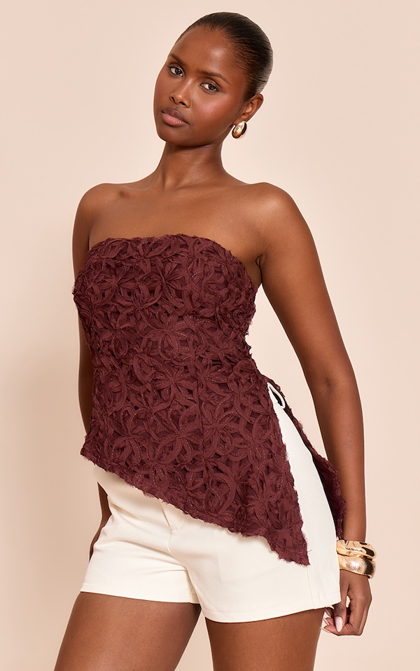 Dark Chocolate Textured Floral Asymmetric Hem Bandeau