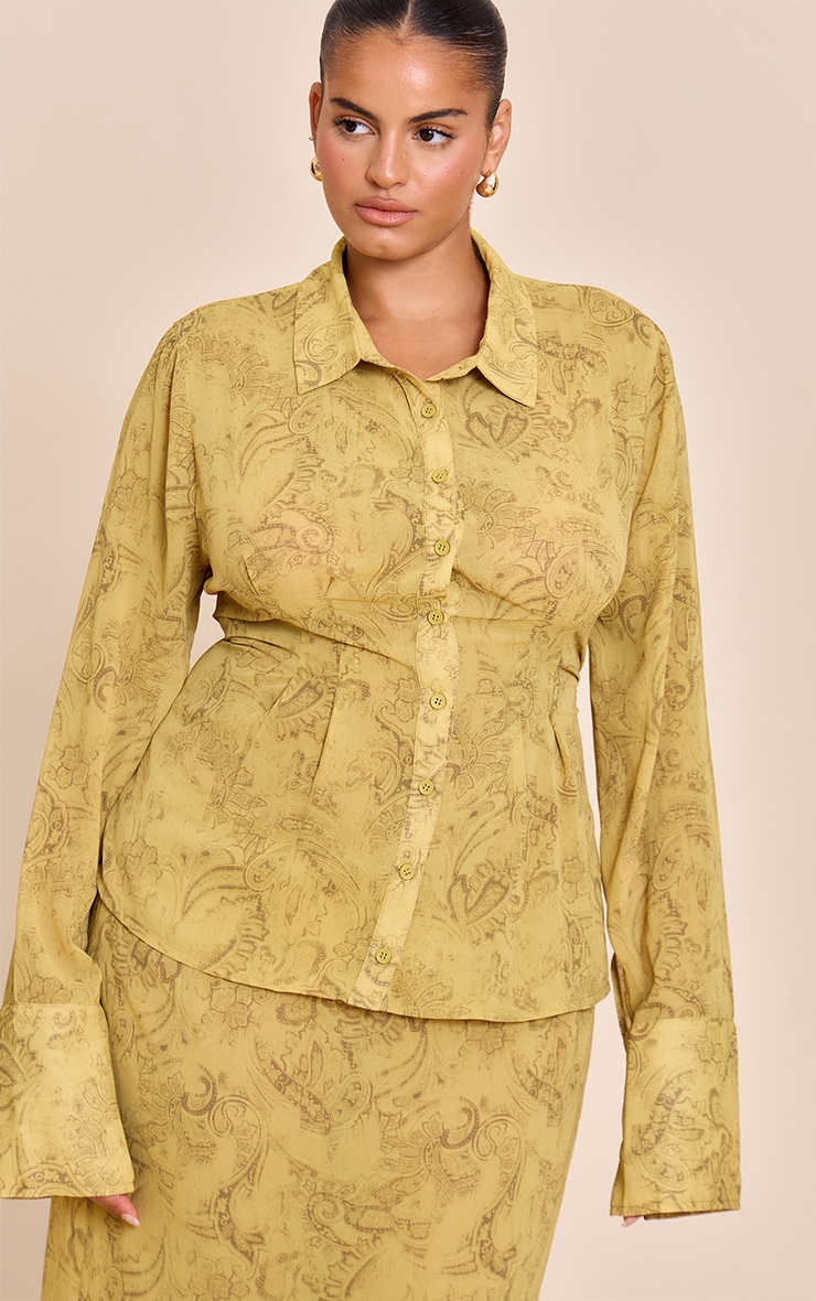 Plus Chartreuse Abstract Print Chiffon Cinched Waist Shirt image 1