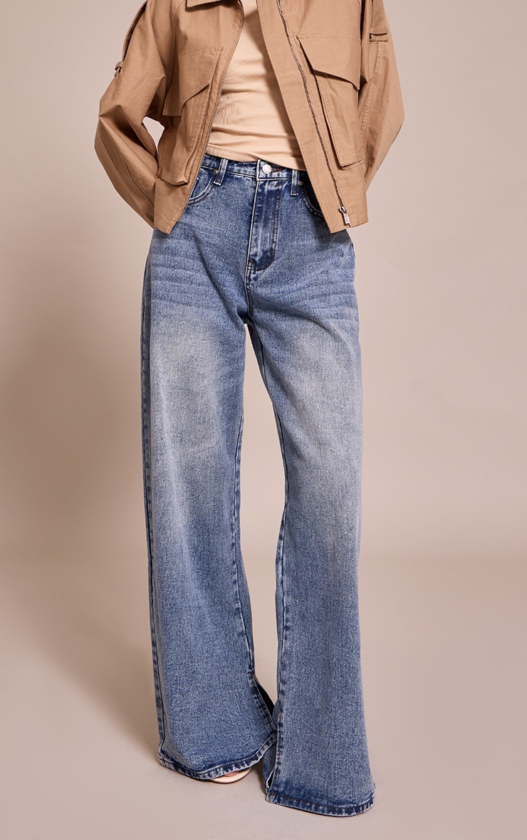 Mid Blue Wash High Waist Split Hem Boyfriend Jeans image 2