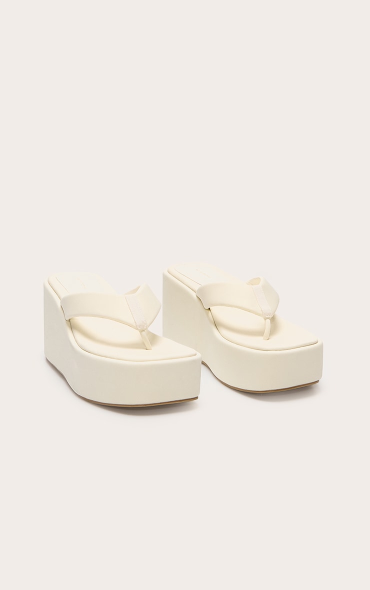 Cream Lycra Square Toe Thong Flatform Wedge Sandals image 2
