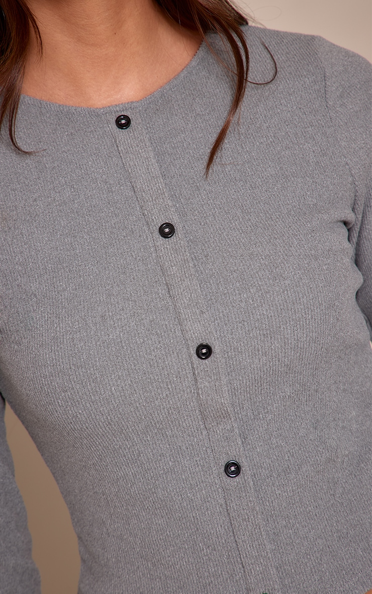 Grey Brushed Rib Button Through Long Sleeve Top image 4