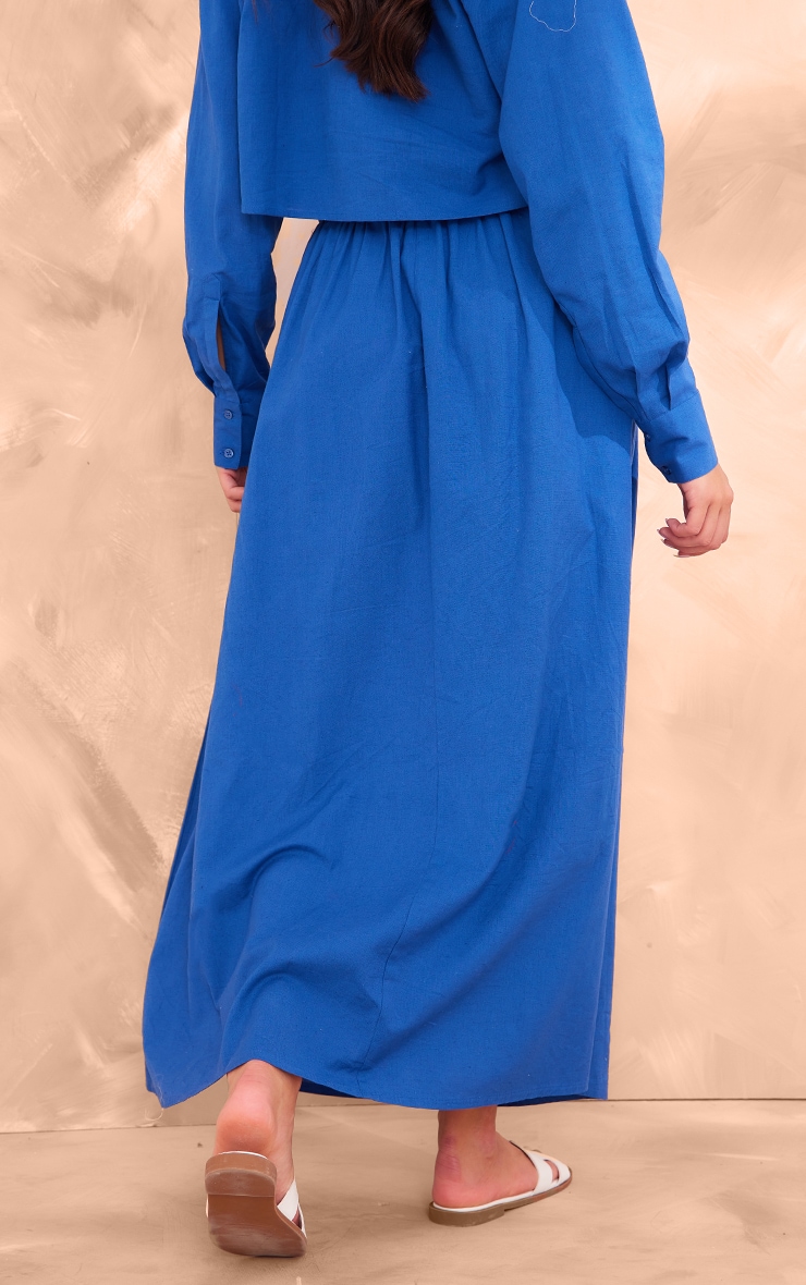 Dark Blue Linen Look Drawstring Waist Maxi Skirt image 3