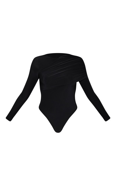 Black Double Layer Cape Long Sleeve Bodysuit | Tops | PLT