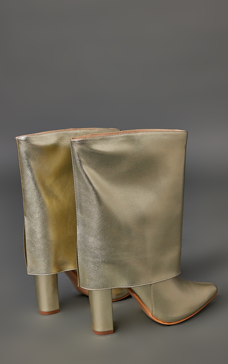 Gold Metallic Pu Fold Over High Point Block Heel Calf Boots image 3