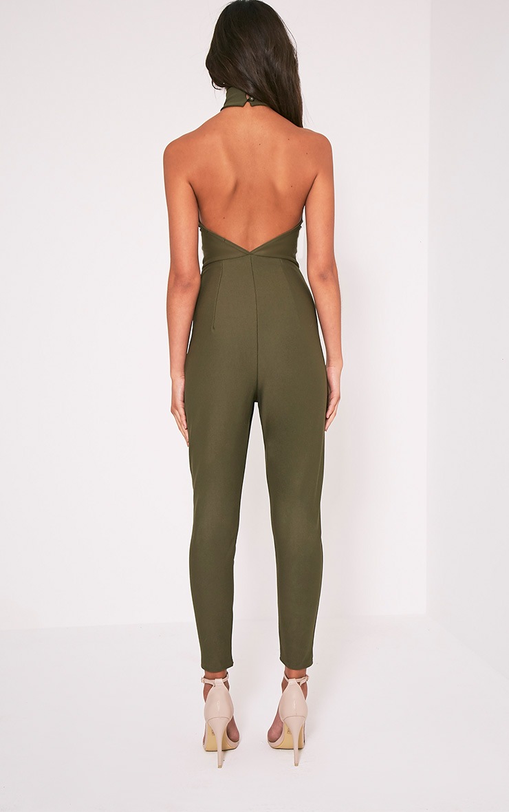 Aliana Khaki Backless Jumpsuit Jumpsuits PrettyLittleThing