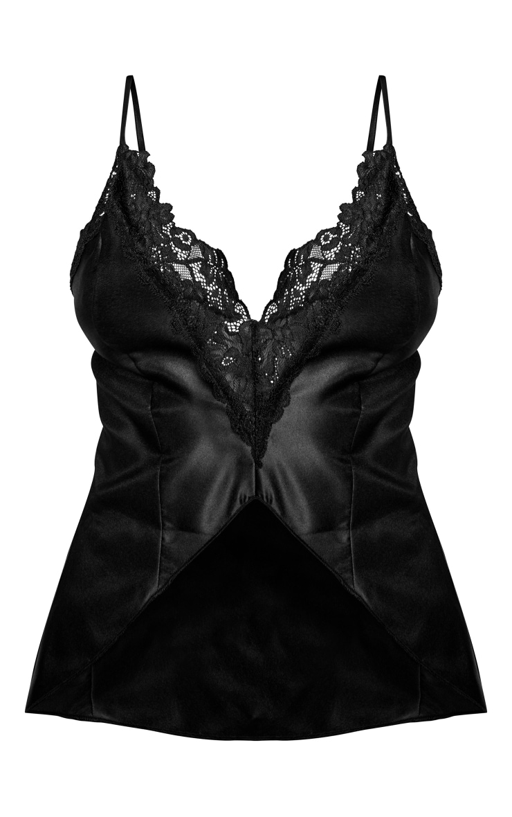 Black Satin Lace Trim Plunge Split Front Top