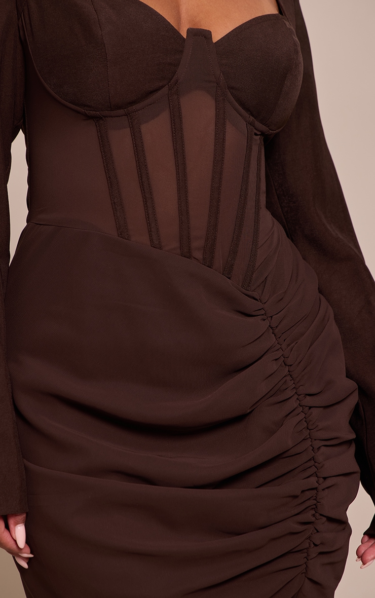 Shape Chocolate Mesh Insert Corseted Ruched Side Mini Dress image 4