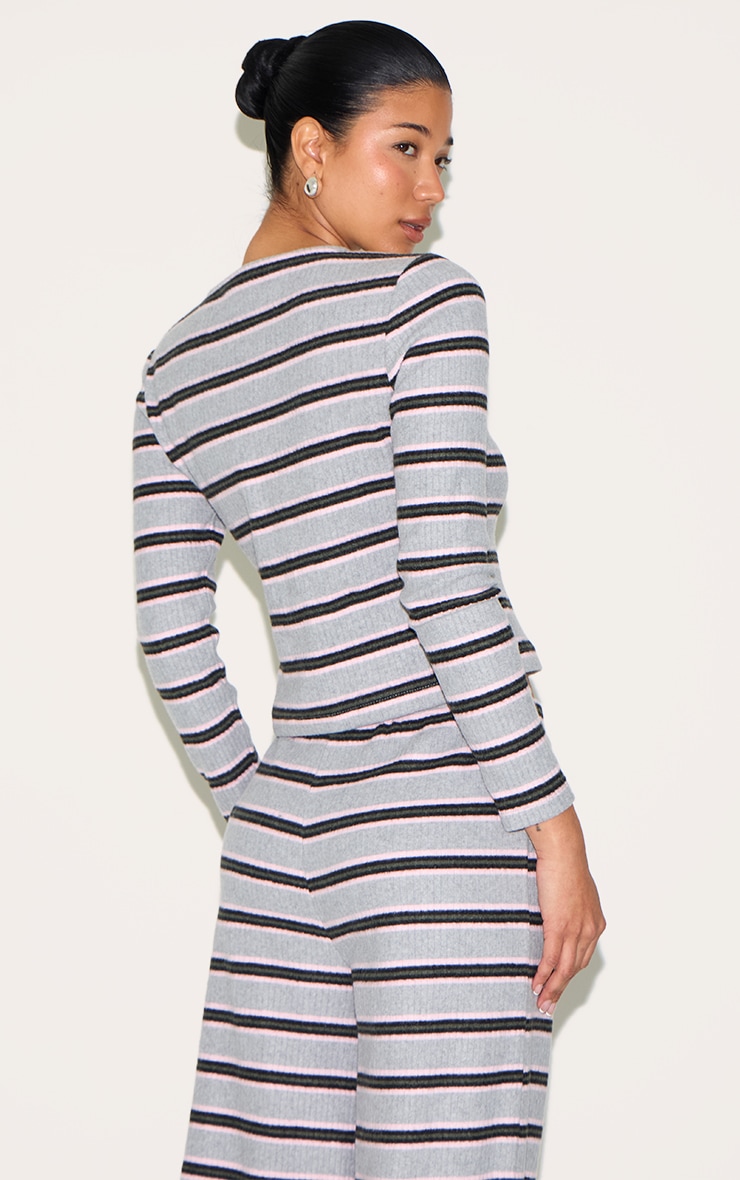Grey Brushed Rib Striped Long Sleeve Button Up Top image 2