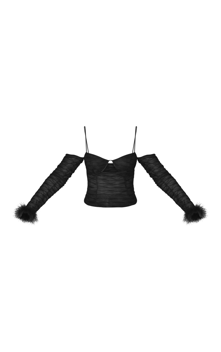 Black Textured Feather Trim Long Sleeve Corset image 5