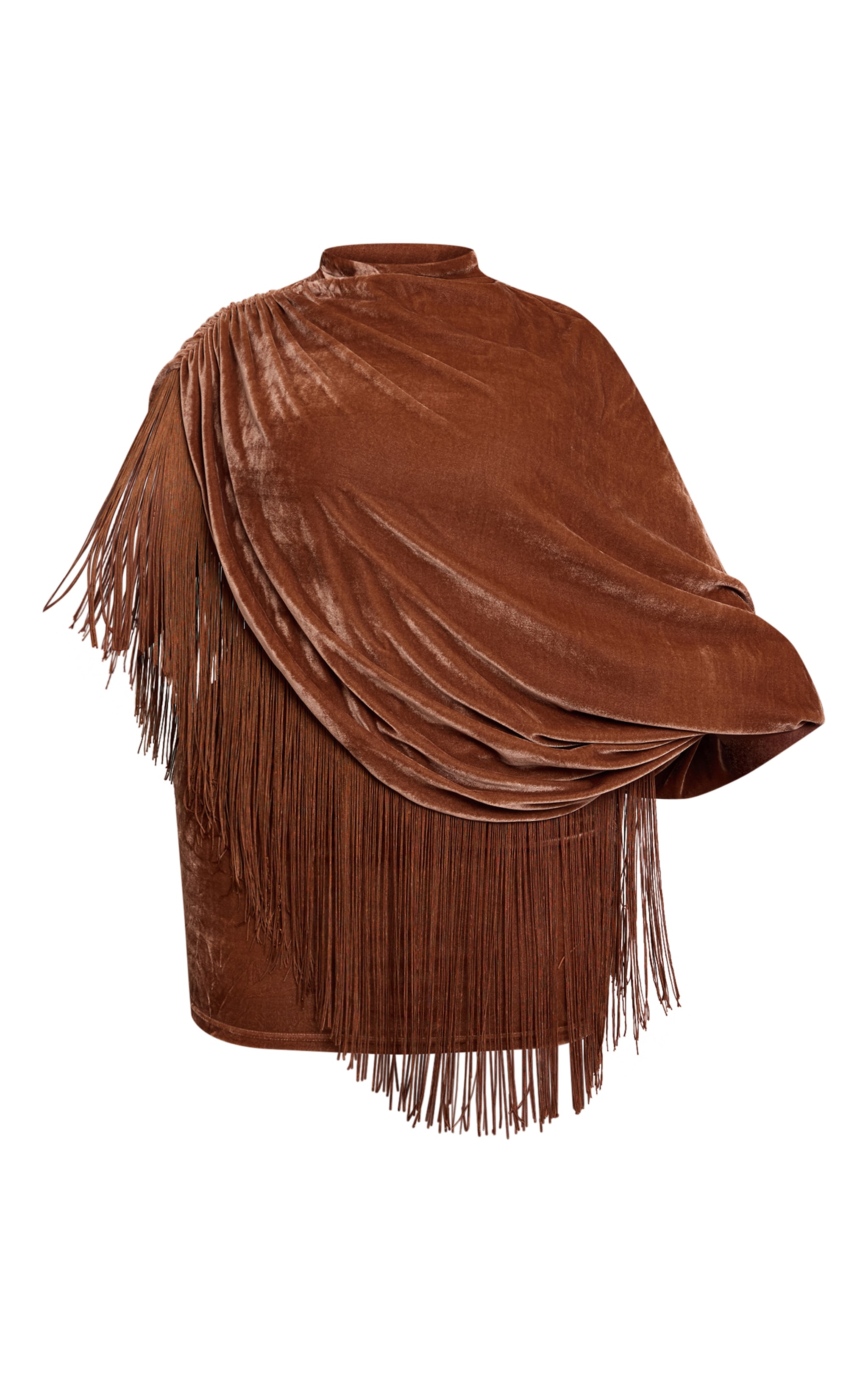 Plus Golden Brown Velvet Cape Tassel Hem Mini Dress image 5