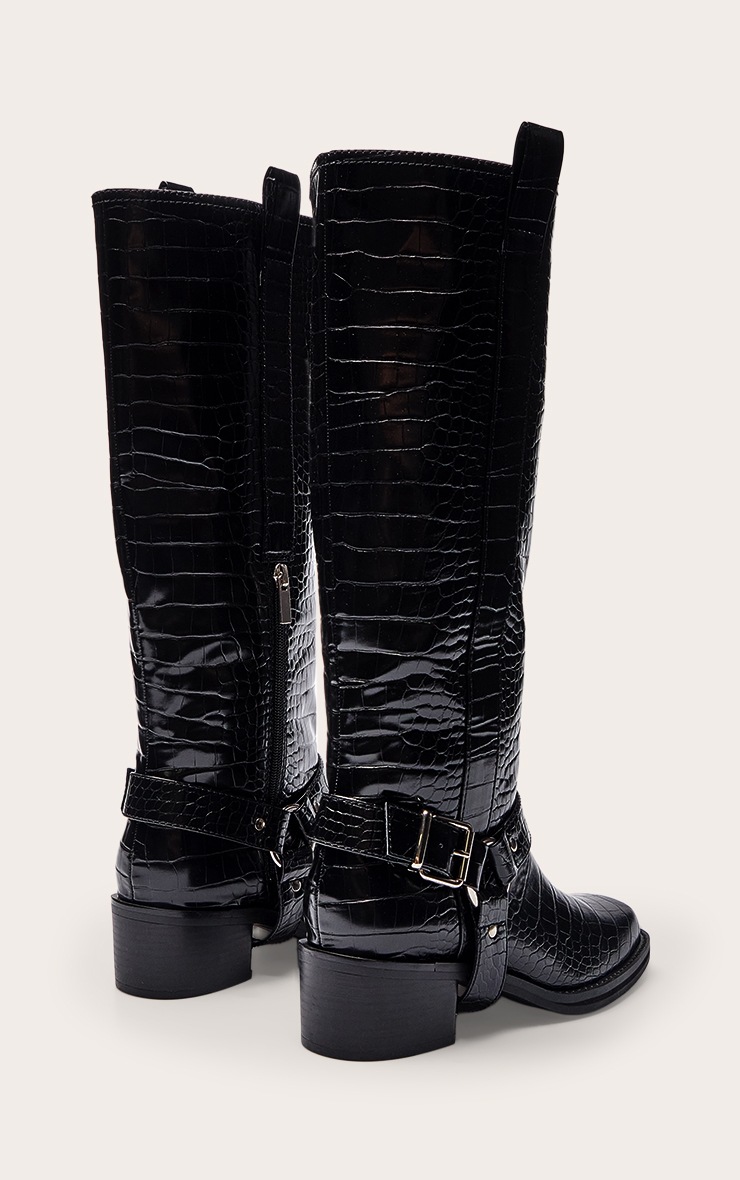 Black Croc Patent Buckle Detail Knee High Boots image 4