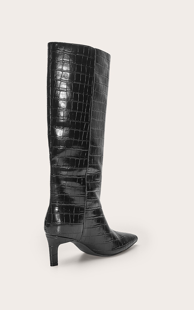 Black Croc Kitten Heel Knee High Boot image 4