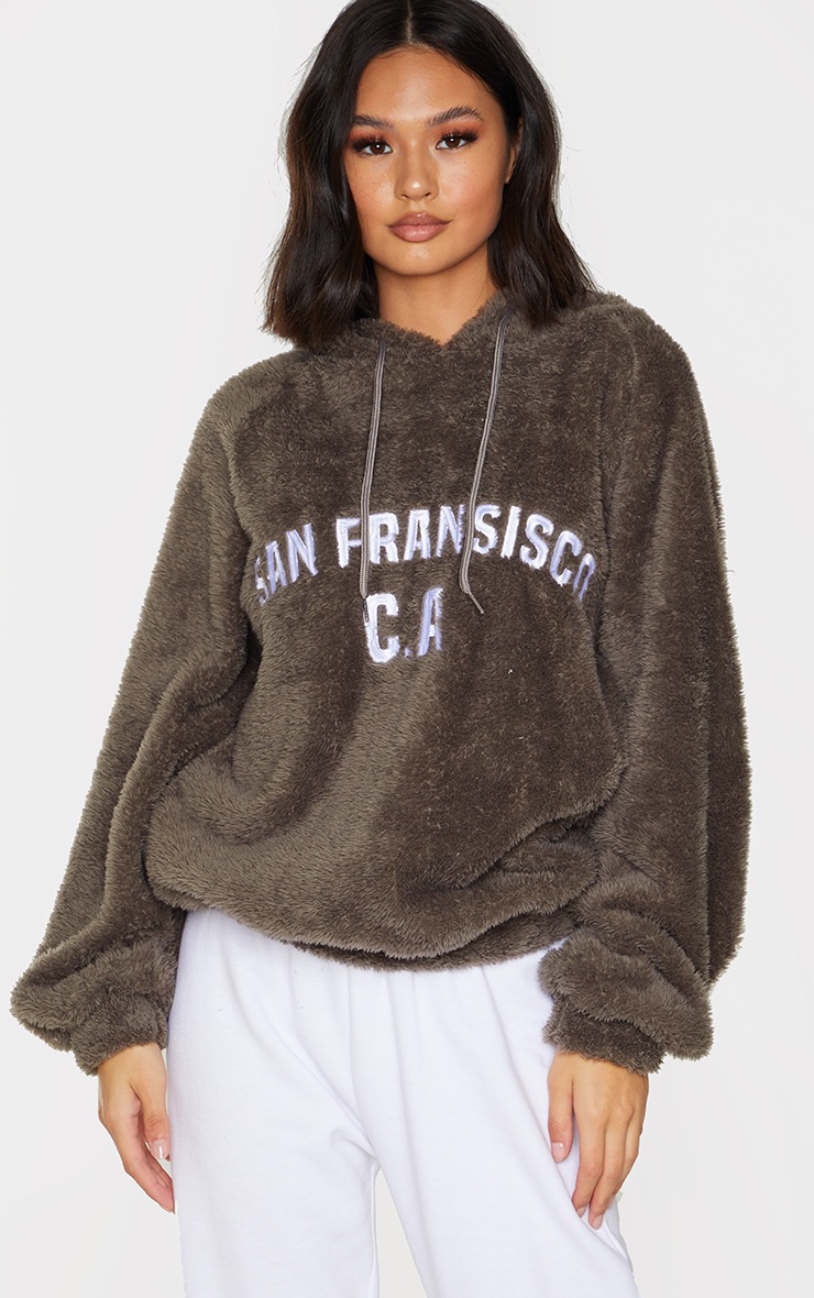 Hoodie en faux mouton gris anthracite à slogan San Francisco