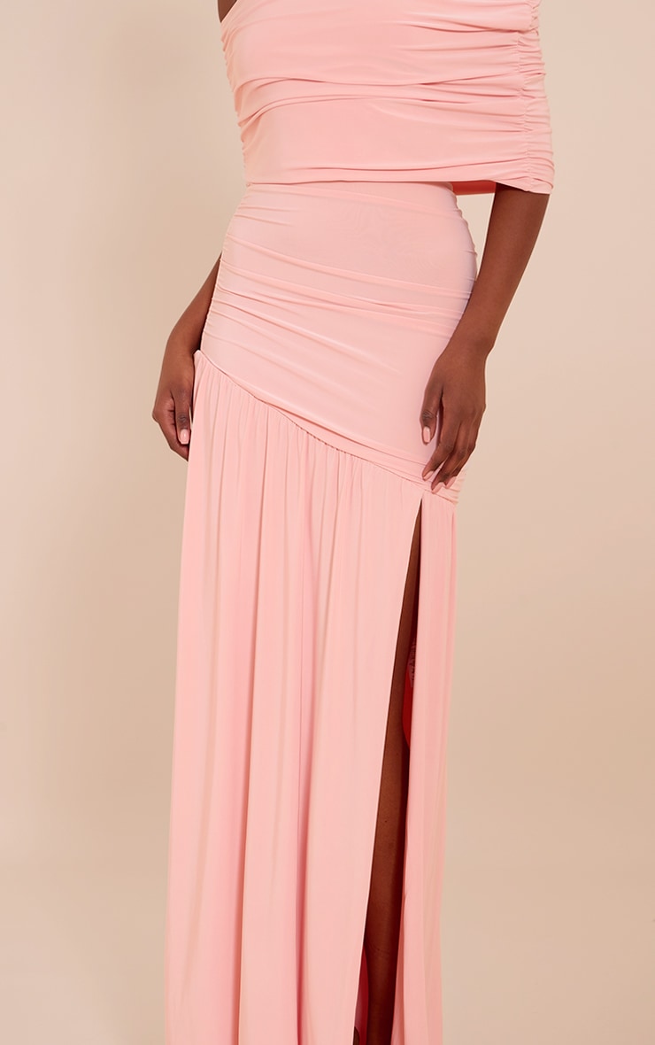 Blush Double Layer Slinky Bardot One Shoulder Ruched Maxi Dress image 4
