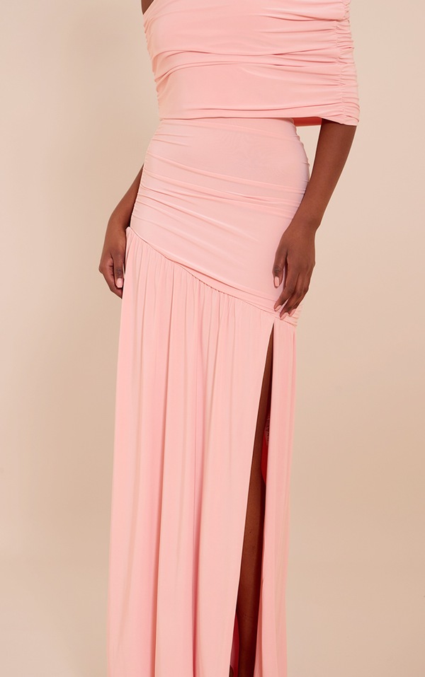 Ruched contrast backless one shoulder ribbon 2-way maxi dress
