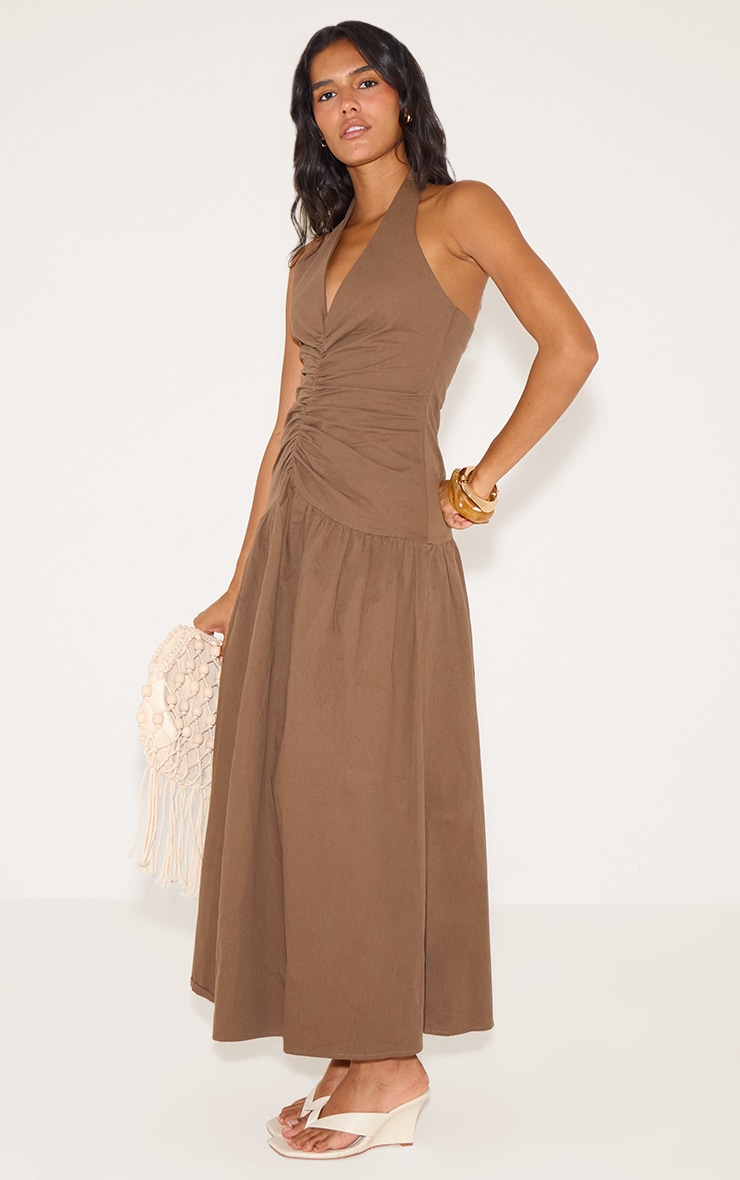 Chocolate Woven Ruched Detail Maxi Dress image 3