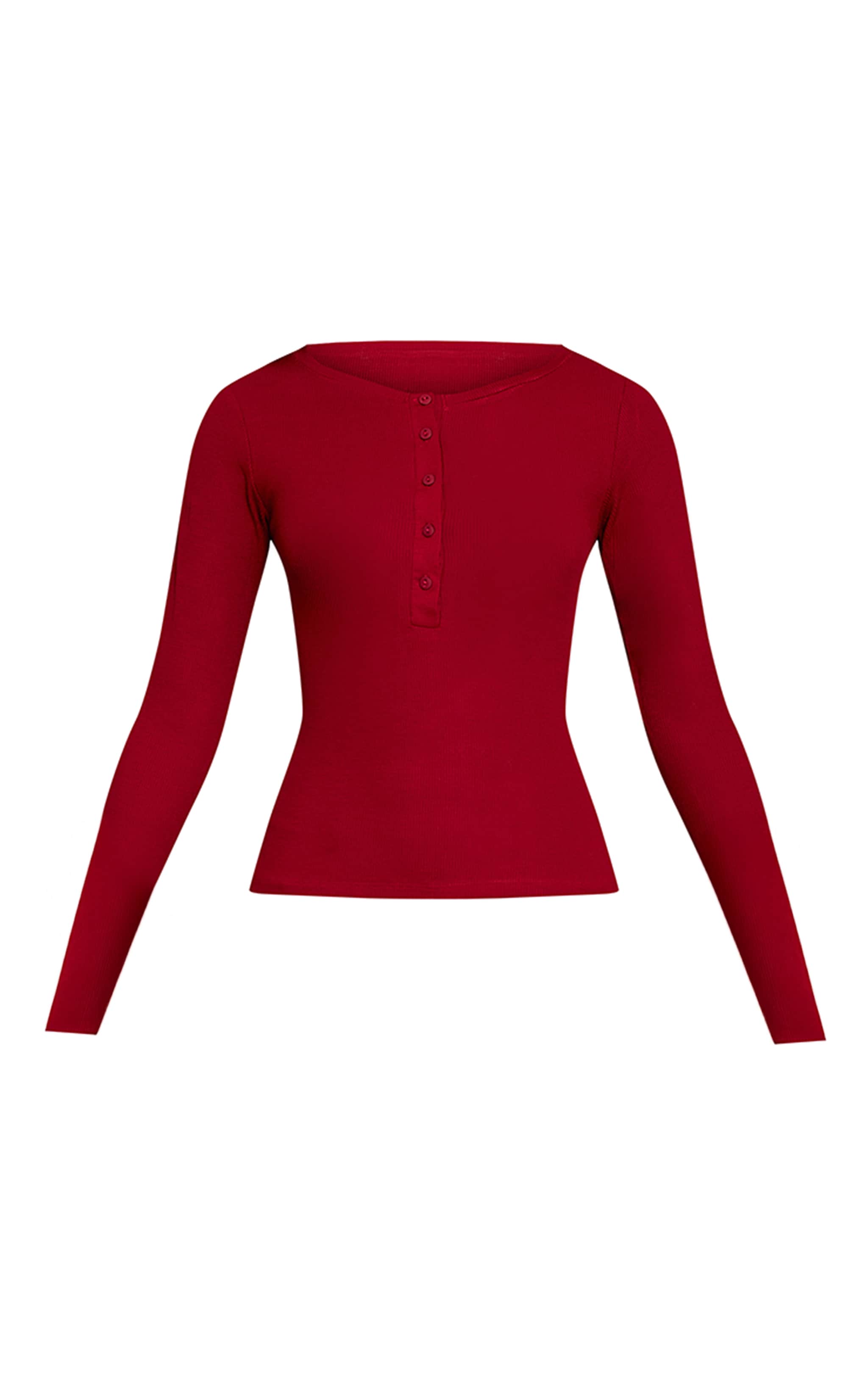 Deep Red Soft Rib Button Up Fitted Long Sleeve Top image 5