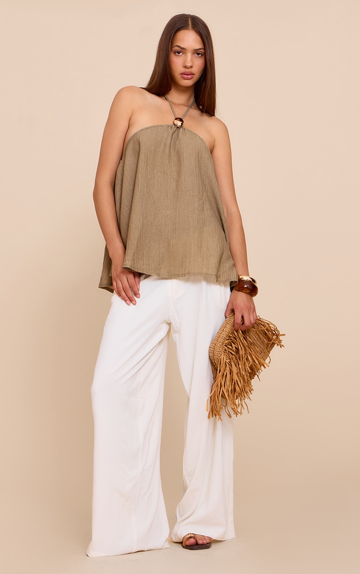 Khaki Textured Woven Trim Halterneck Top image 3