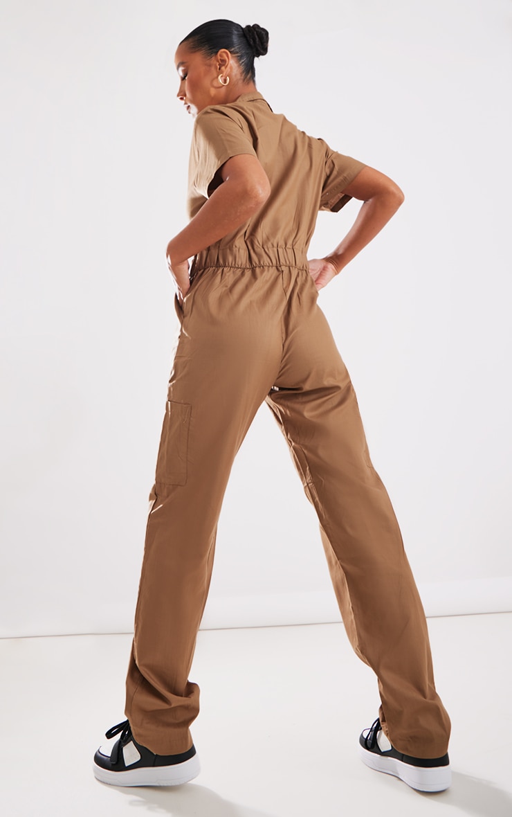 Camel Zip Front Short Sleeve Pocket Detail Cargo Jumpsuit image 2