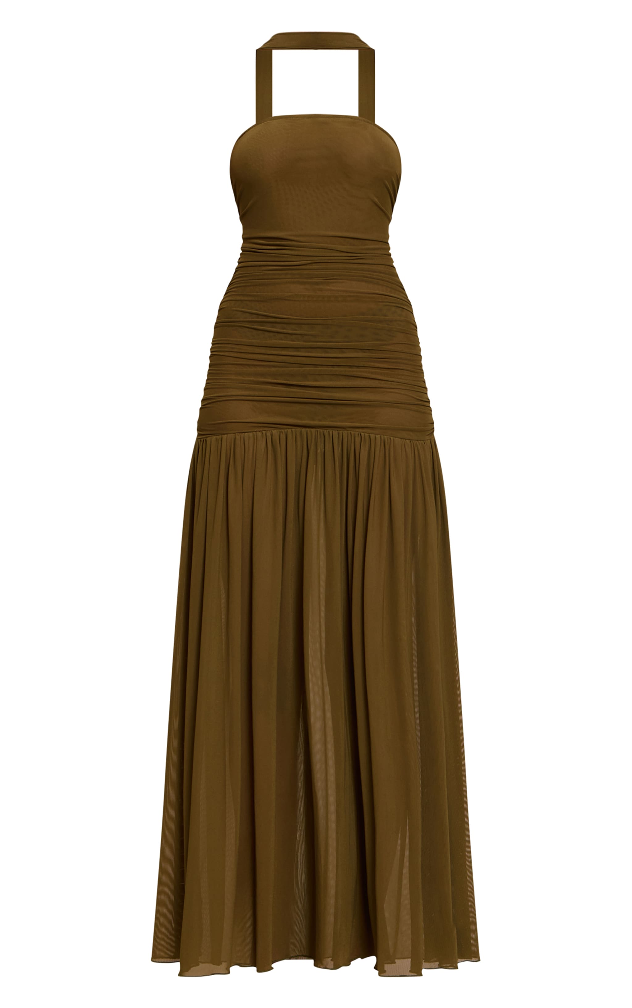Olive Ruched Scarf Dropped Waist Maxi Dress image 5