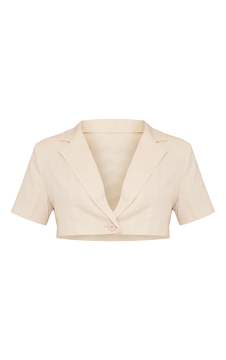 Oatmeal Woven Cropped Short Sleeve Blazer image 5