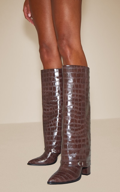 Burgundy Large Scale Croc Fold Over Knee High Block Heel Boot