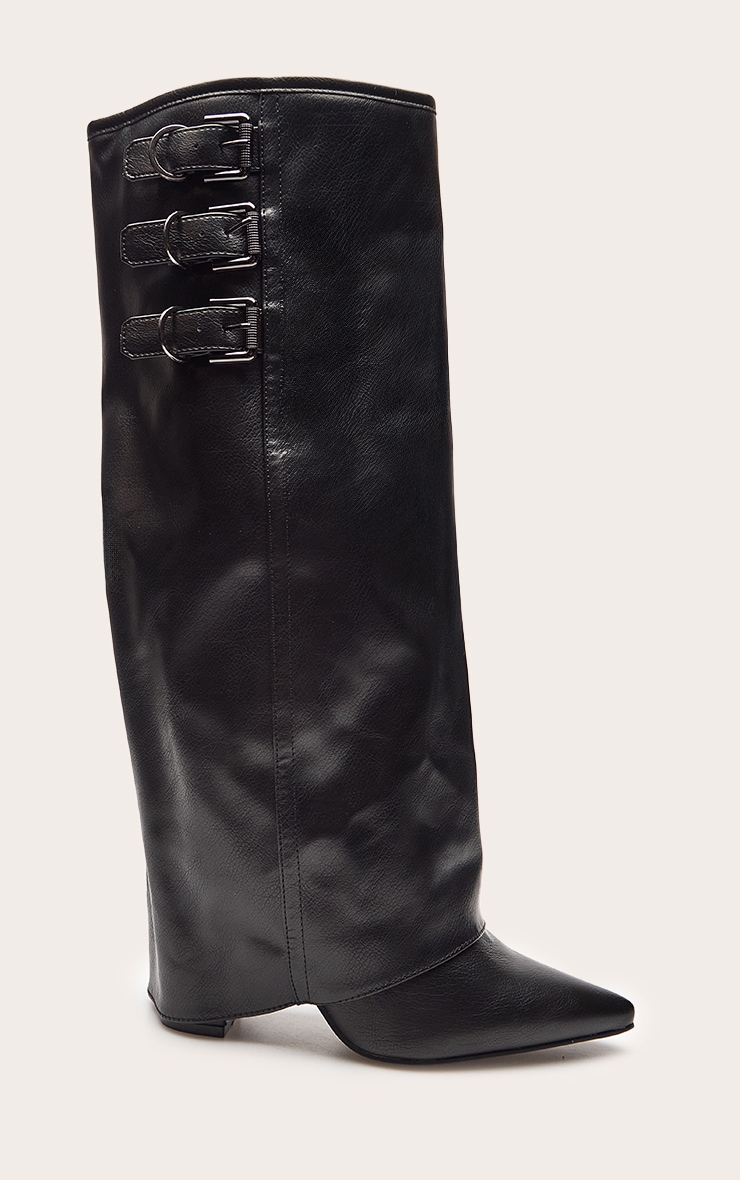 Bottes hautes repliées noires effet brûlé à talon carré et triples boucles image 2