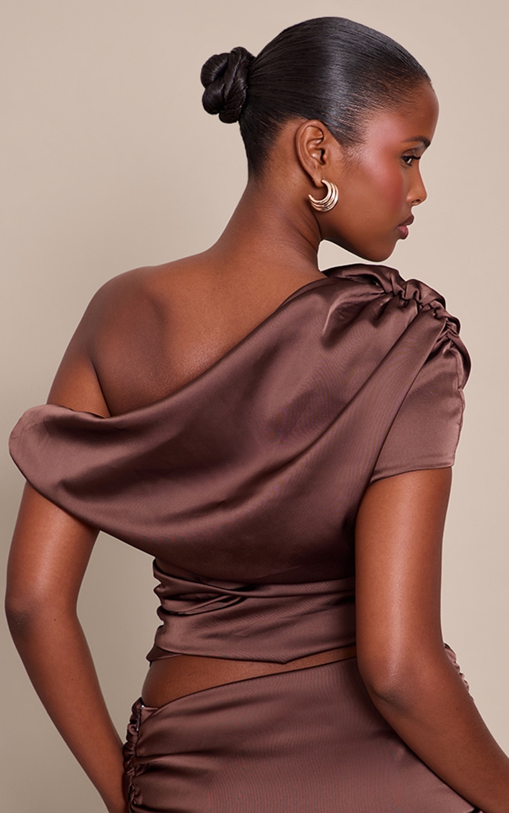 Chocolate Brown Satin One Shoulder Draped Top image 2