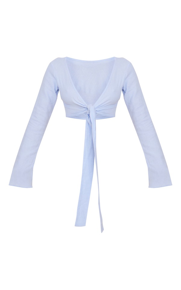 Dusty Blue Cheesecloth Textured Knot Front Shirt PrettyLittleThing USA