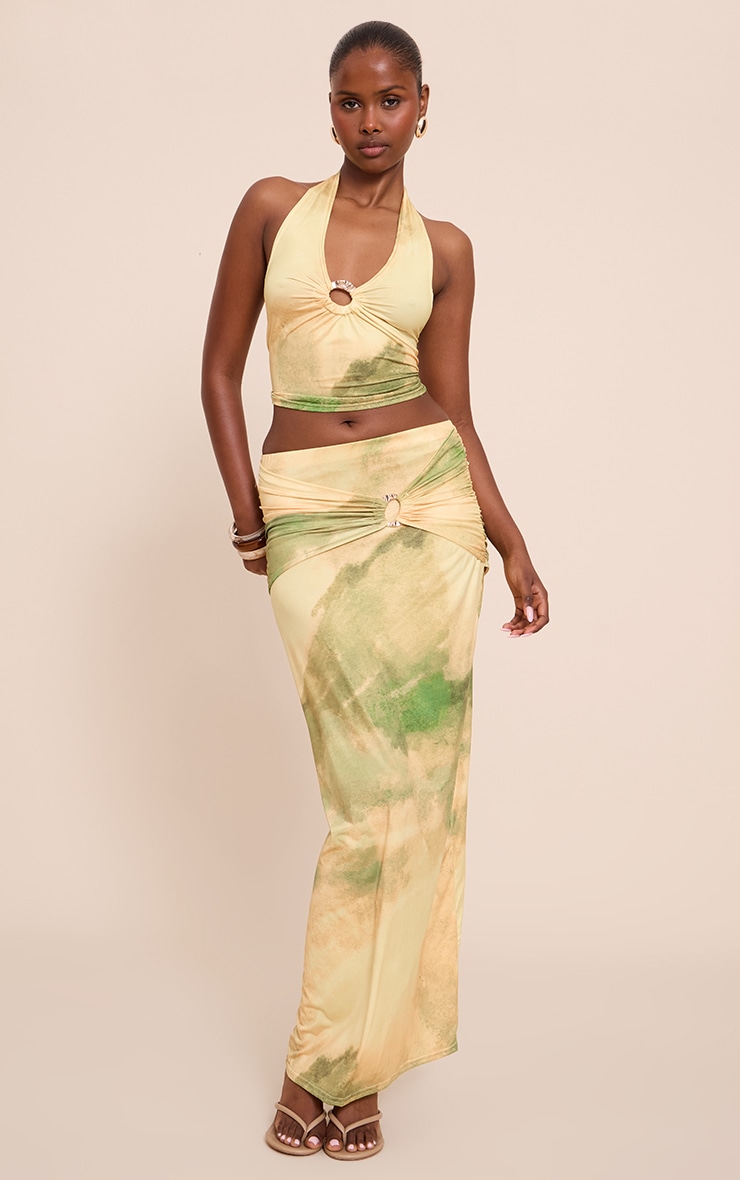 Green Abstract Print Ruched Detail Flowy Maxi Skirts image 2