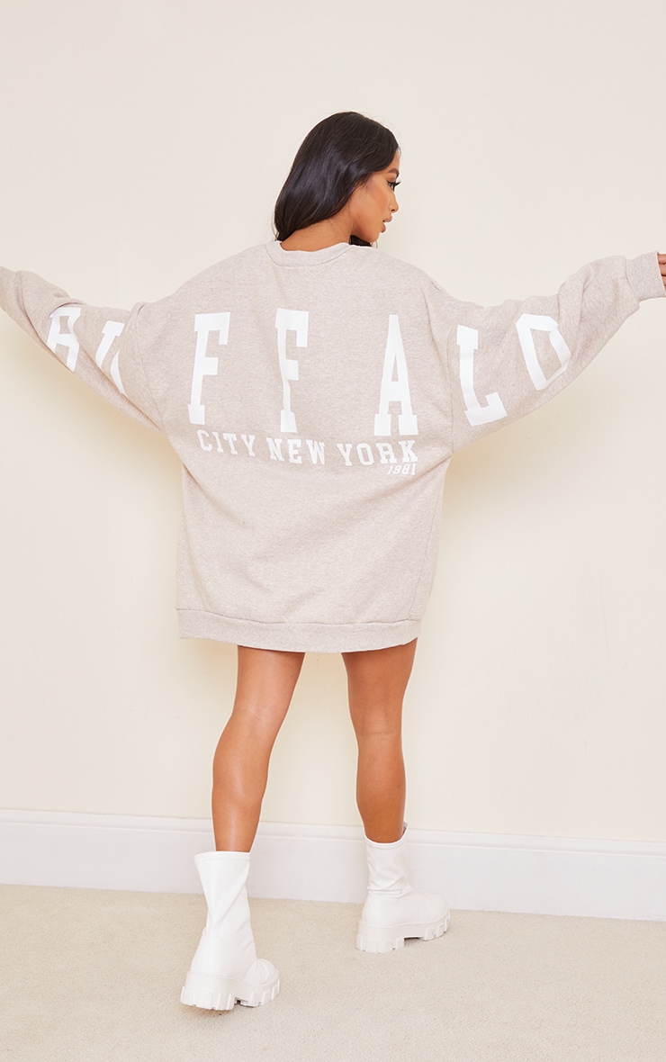 Petite Oatmeal Buffalo New York Slogan Sweater Dress