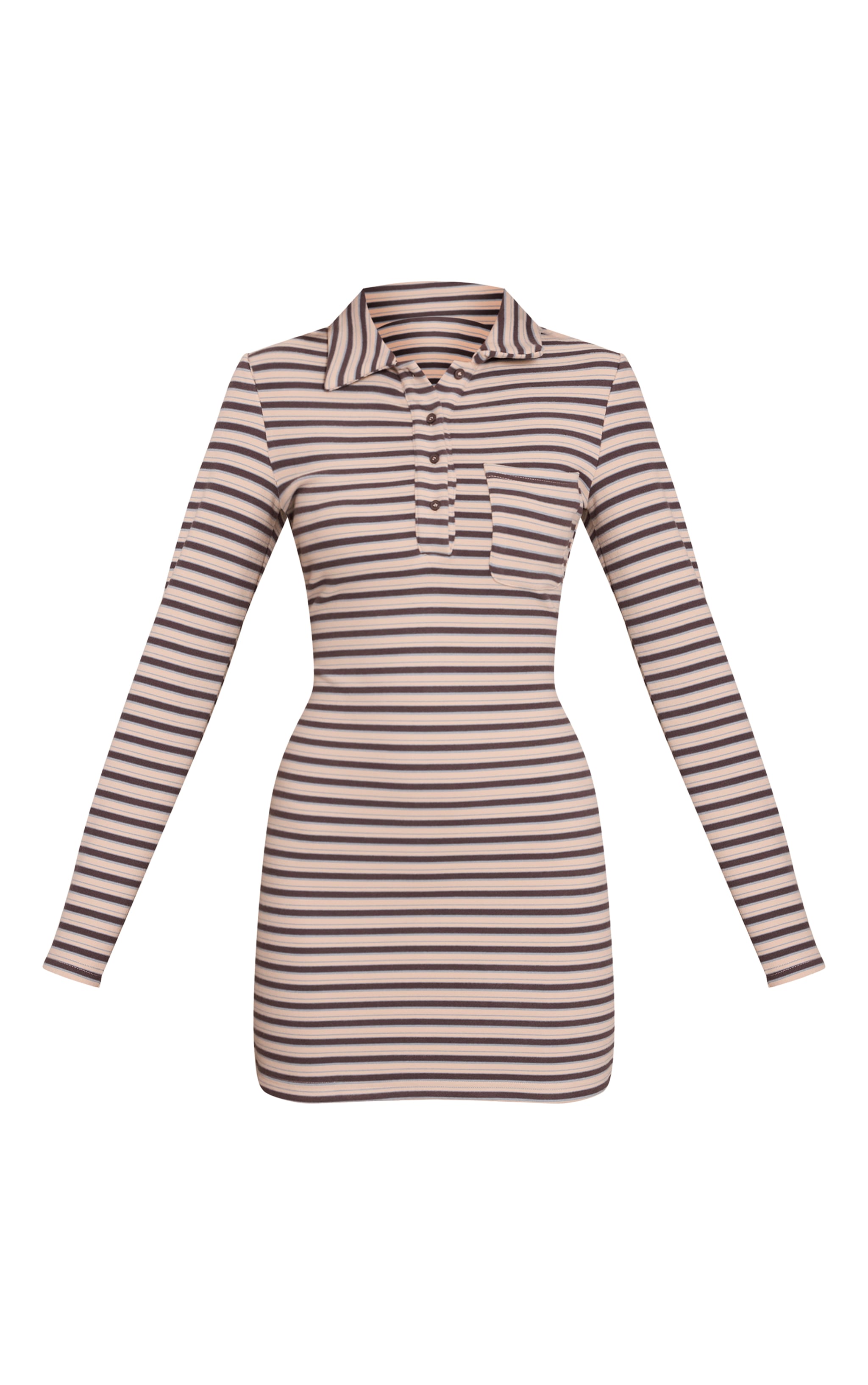 Blue Striped Soft Touch Collar Long Sleeve Bodycon Dress image 5