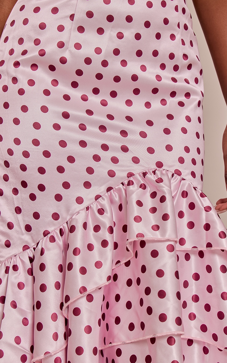 Pink Polka Dot Satin Plunge Extreme Frill Hem Maxi Dress image 4