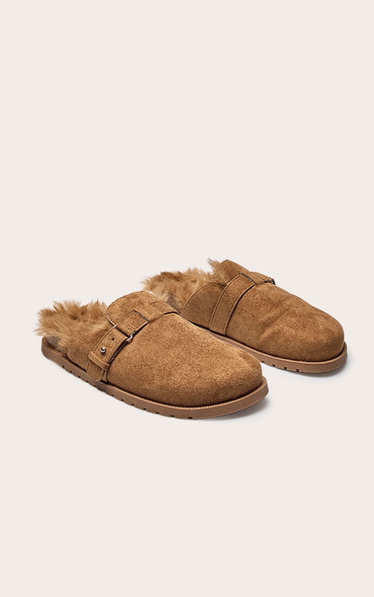 Chestnut Faux Suede Faux Fur Lined Buckle Mules image 3