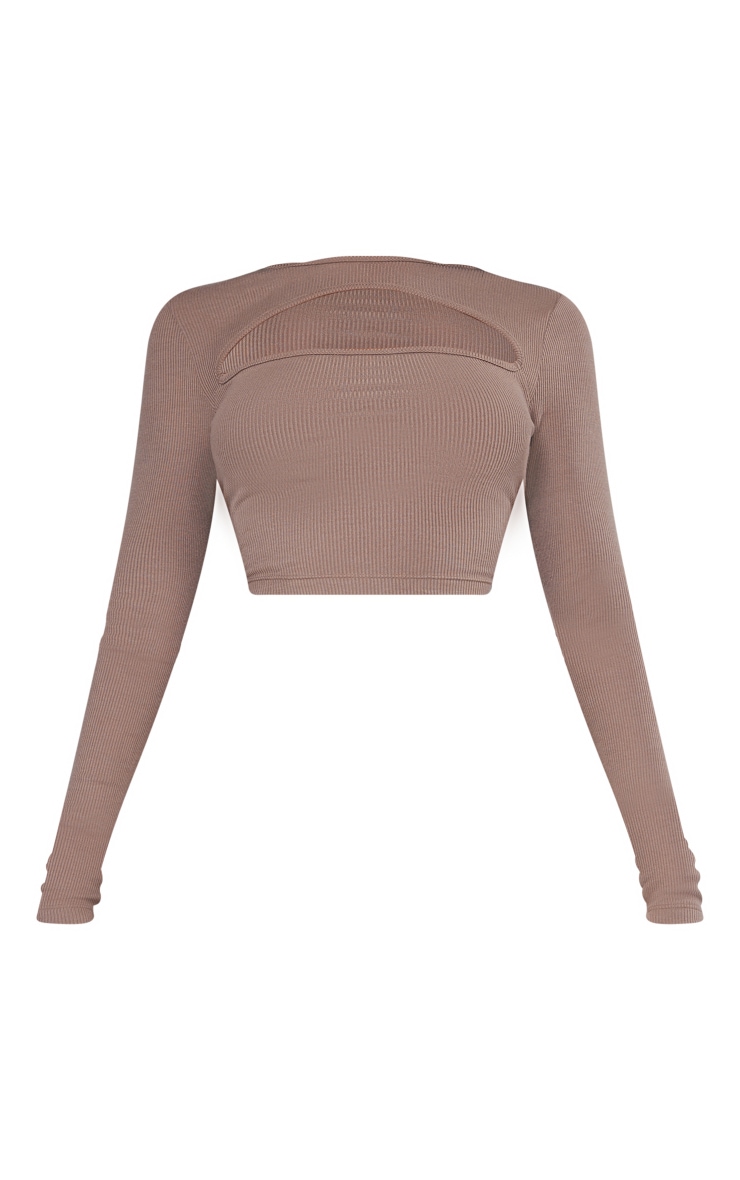 Crop top taupe côtelé à découpe et manches longues image 5