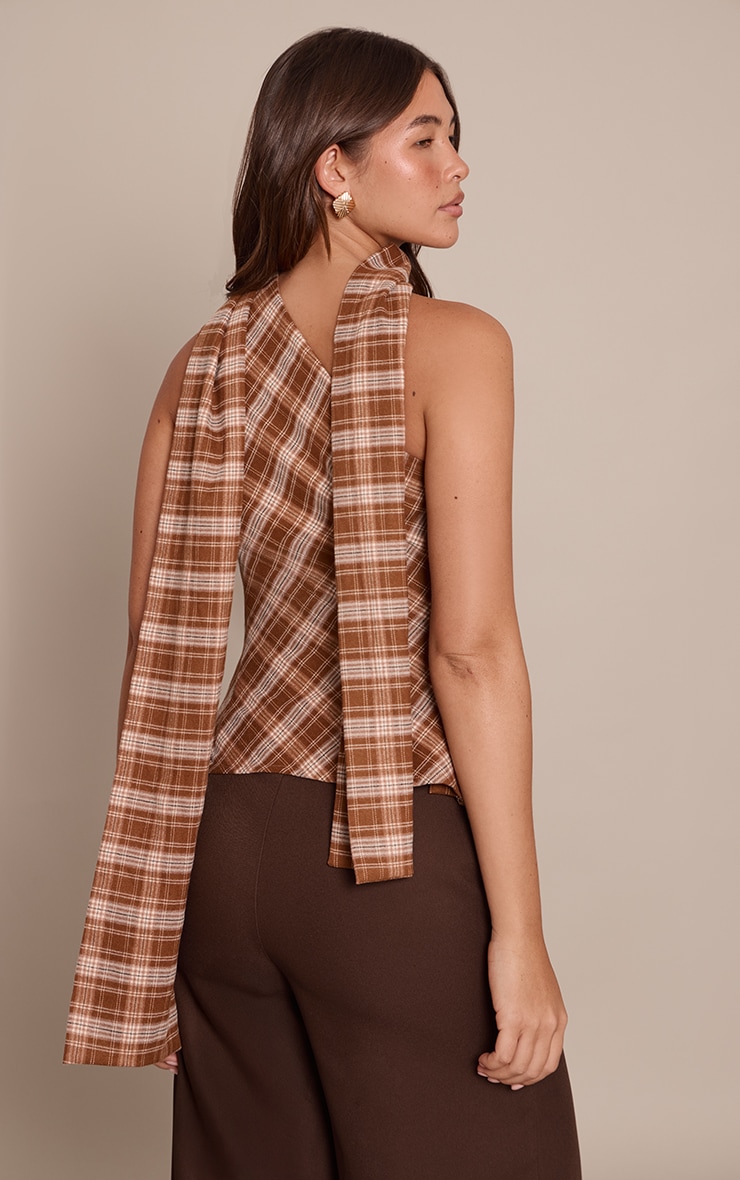 Brown Check Asymmetric Scarf Detail Top image 2