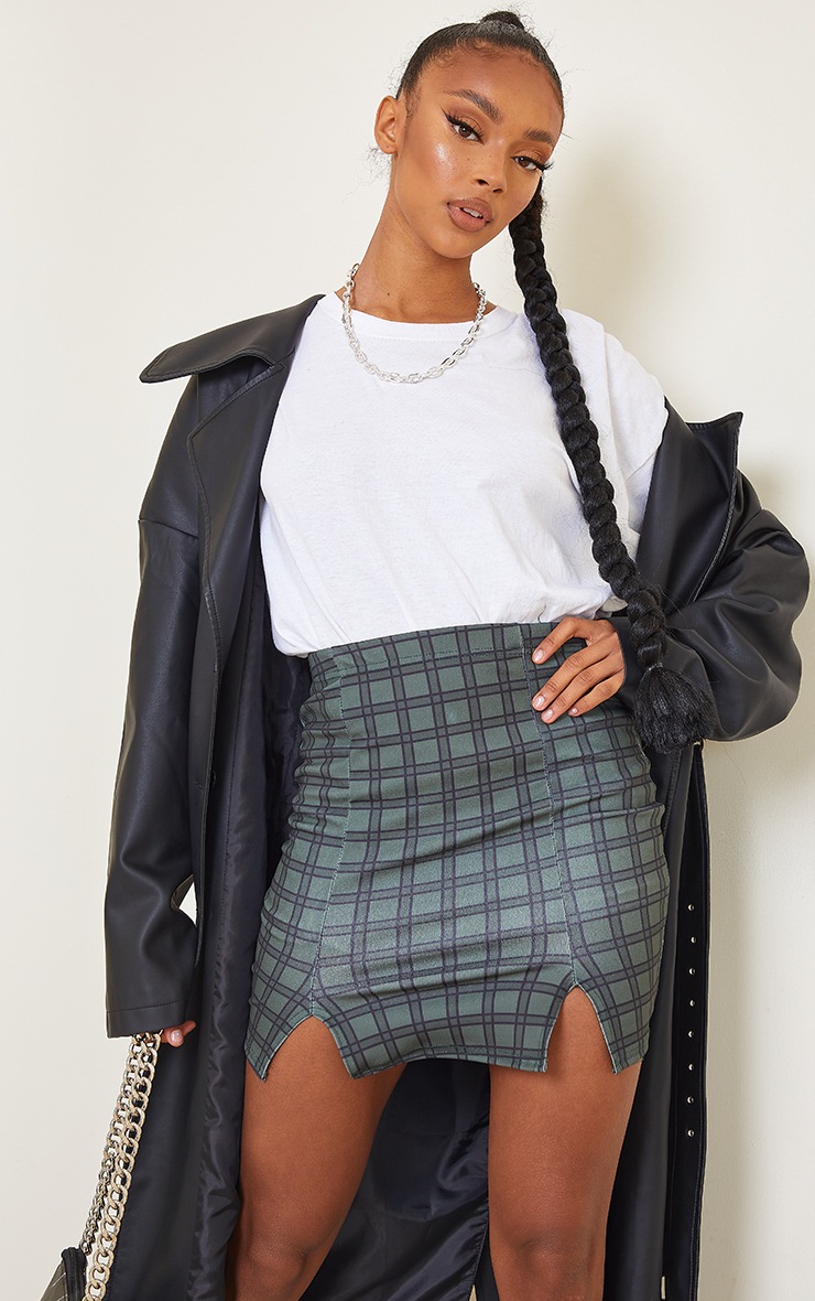 Khaki Double Split Hem Checked Mini Skirt