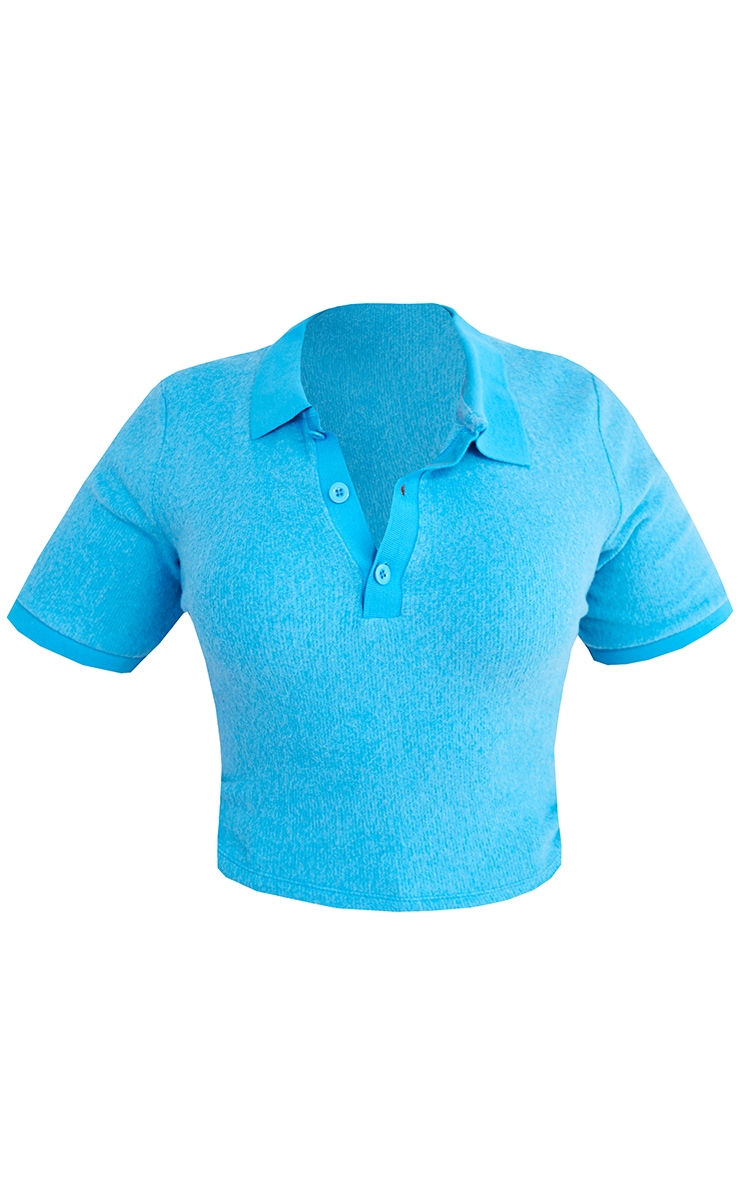 Plus Bright Blue Brushed Rib Polo Crop Top image 5